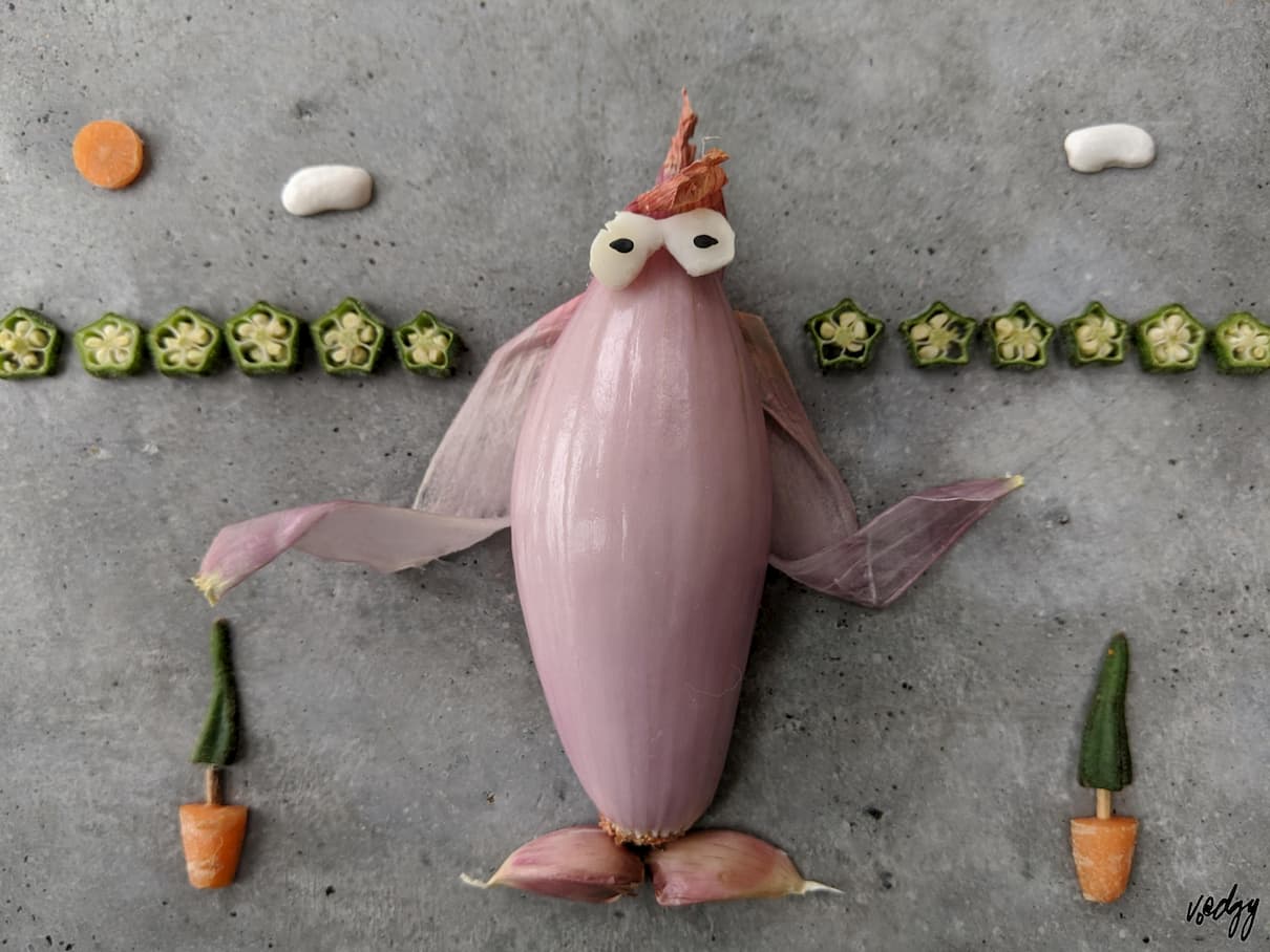 Figure resembling a confused pink penguin (shallot body & arms, pink garlic clove feet & white cauliflower & black sesame seed eyes, looking at a resident (the viewer) at their door, with shoulders shrugged & palms of hands open as if to say “Why didn't you vote?“. Under each hand is a pot (orange carrot) plant (green okra foliage). Behind are houses (okra slices). Above are the sun (carrot) & clouds (white beans).